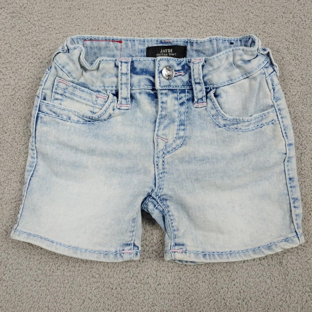 True Religion Jayde Big T Mid Rise Short - Girls 5 Light Blue Acid Wash Denim